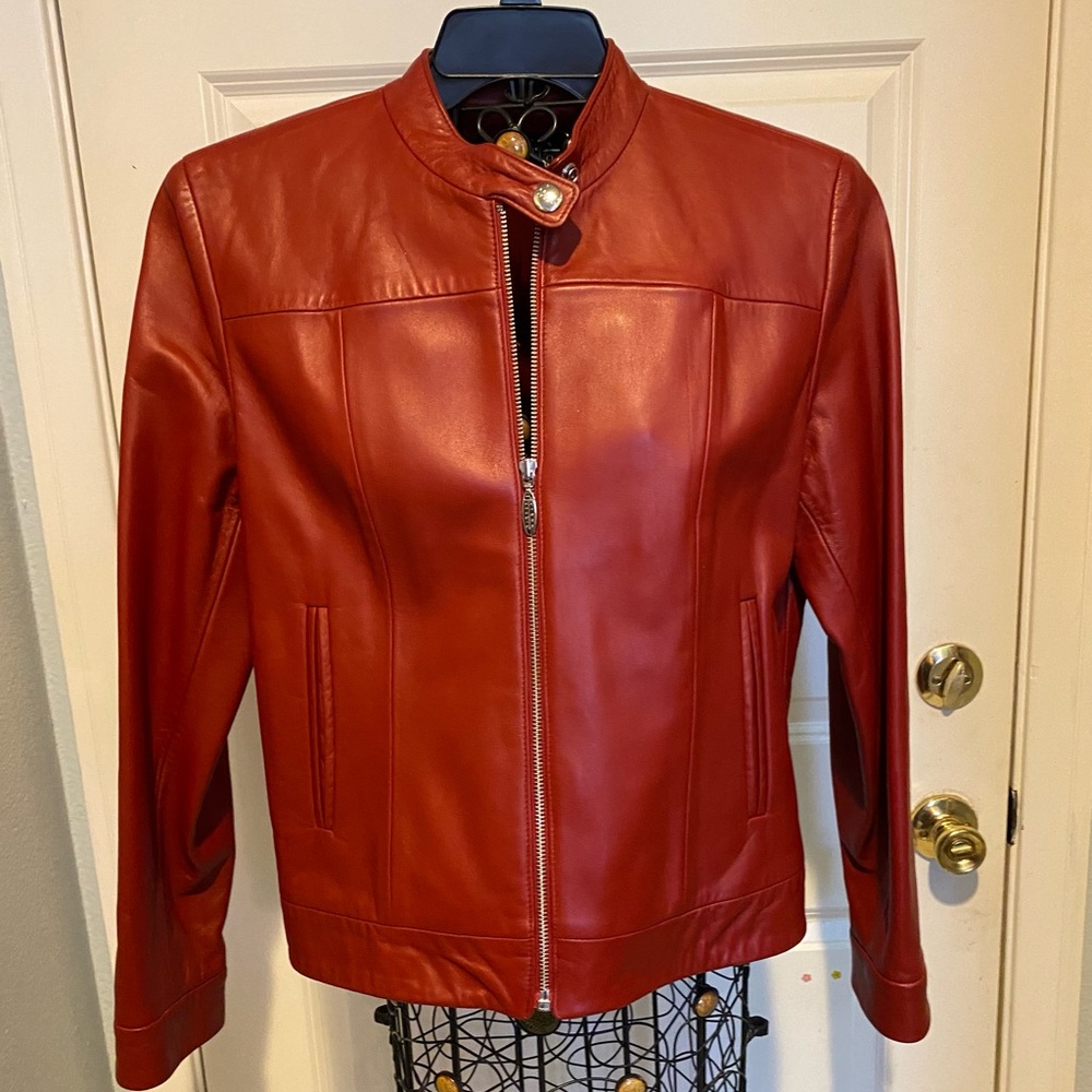 Red (cool not Orange) leather bomber jacket, excellent used condition 🍷